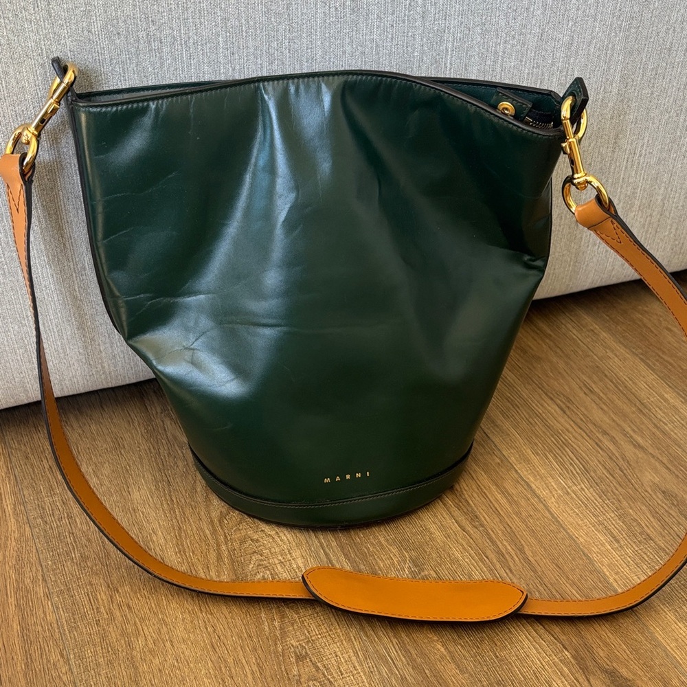 Marni Dark Green Leather Tote Bag with Tan Strap